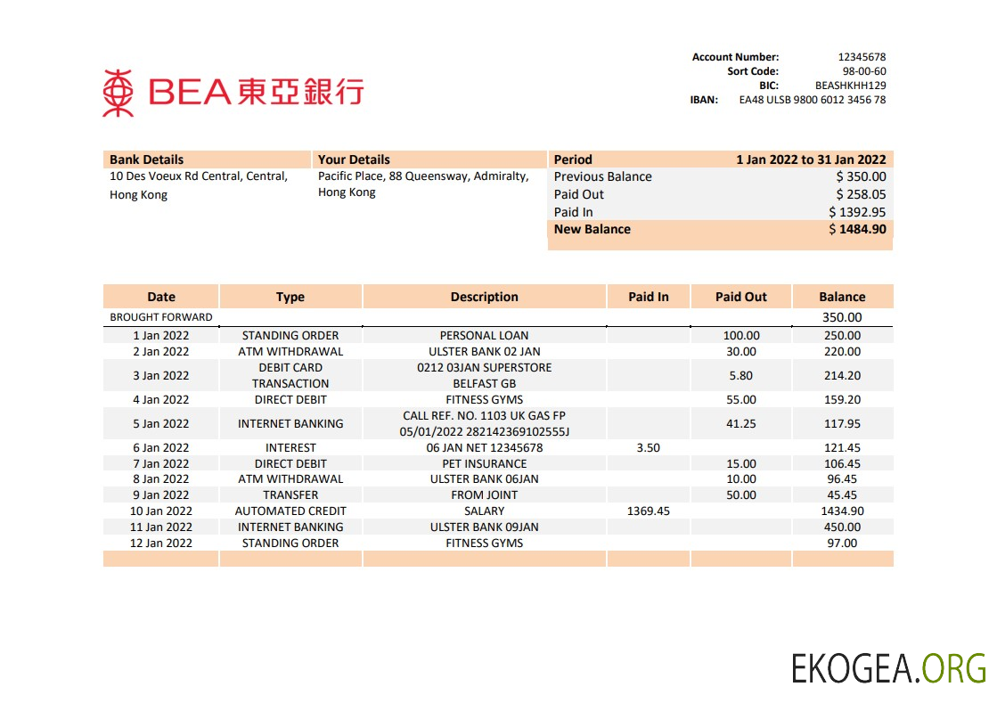 Relevé bancaire du BEA de Hong Kong